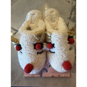 Fifth & Luxe Women’s Size 9 Reindeer Christmas Slippers Sherpa Gold Antlers NWT